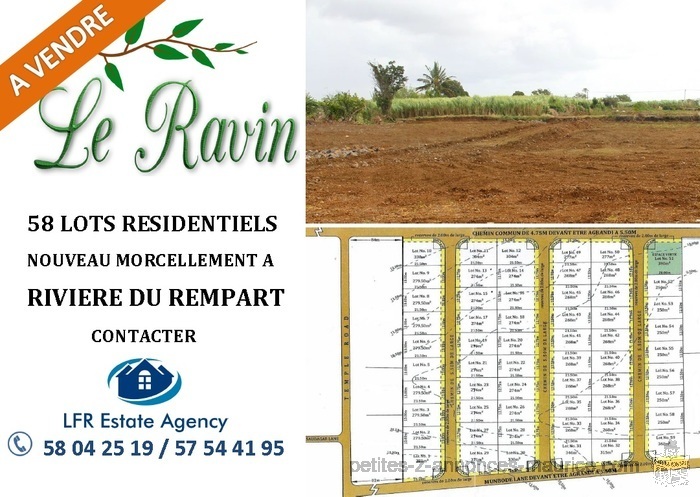 A VENDRE 58 LOTS RESIDENTIELS A RIVIERE DU REMPART.